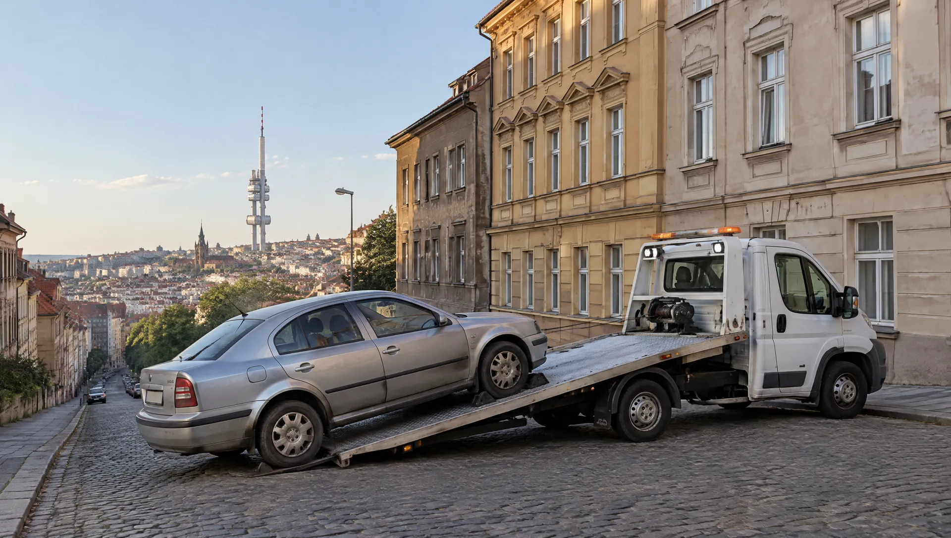Odtahový vůz nakládá Škodu Octavii v dlážděné ulici na Žižkově, v pozadí žižkovský vysílač