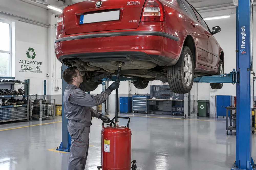 Technik odčerpává palivo ze spodu nádrže červené Škody Octavie na zvedáku do sběrné nádoby